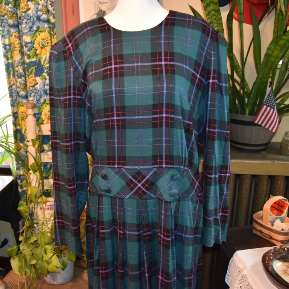 Vintage 90s Karin Stevens KSL Plaid Midi Dress Drop Waist Pleated 1X